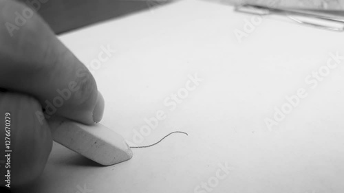 Use of an eraser. Use the eraser to erase pencil lettering on a white sheet of paper.