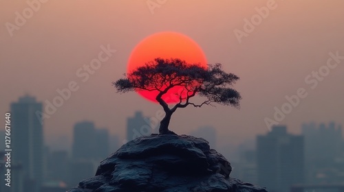 Sunrise Cityscape, Lone Tree on Rock photo