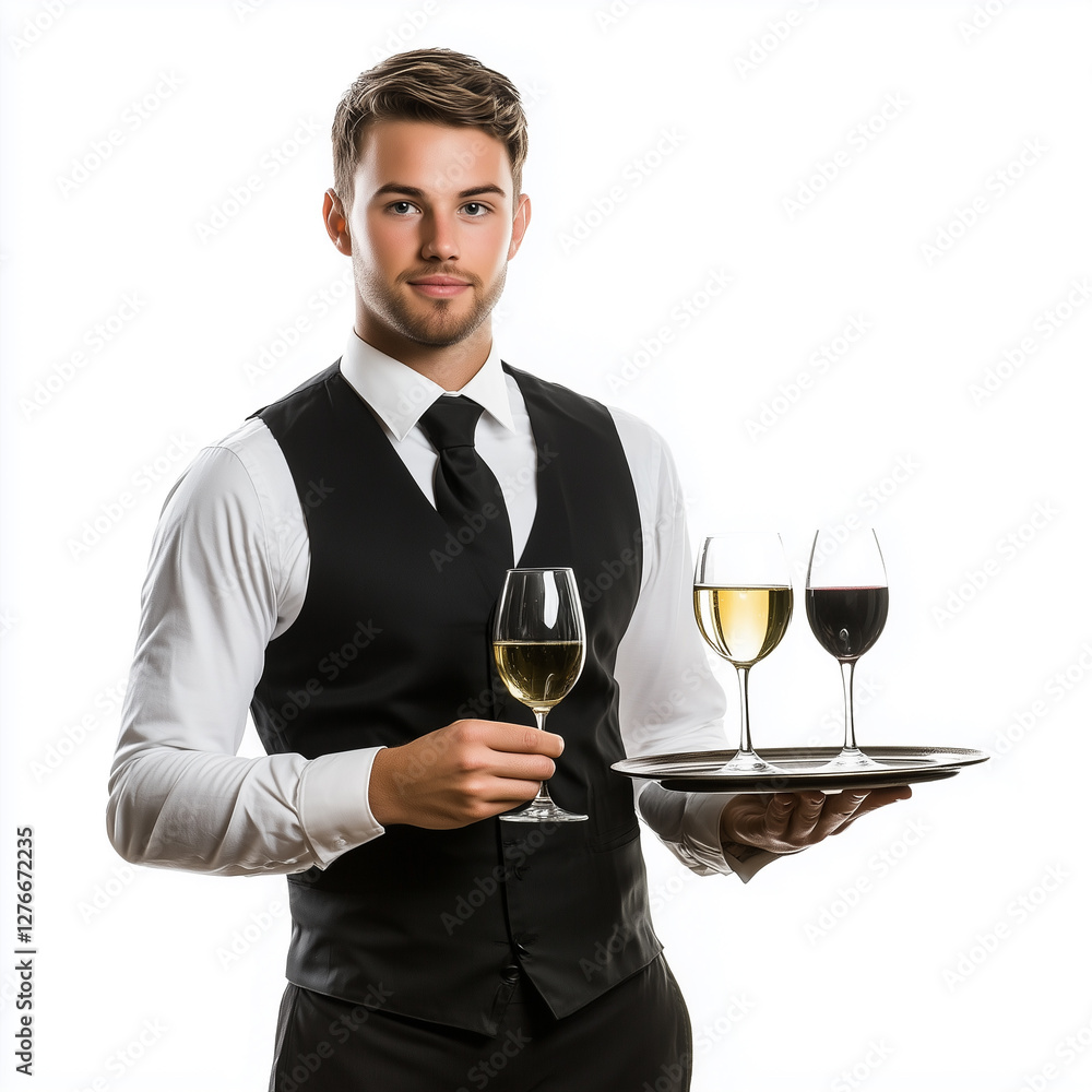 A professional male waiter in a black vest and white shirt holding a tray with three glasses of wine. A professional male waiter in a black vest and white shirt holding a tray with three glasses of wine.