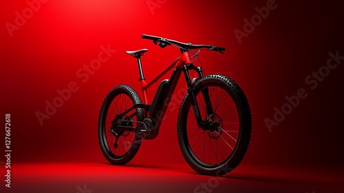 Stylish electric mountain bike in a minimalist studio interior with a bright red background. Great choice for advertising, presentation of sports equipment or technology.