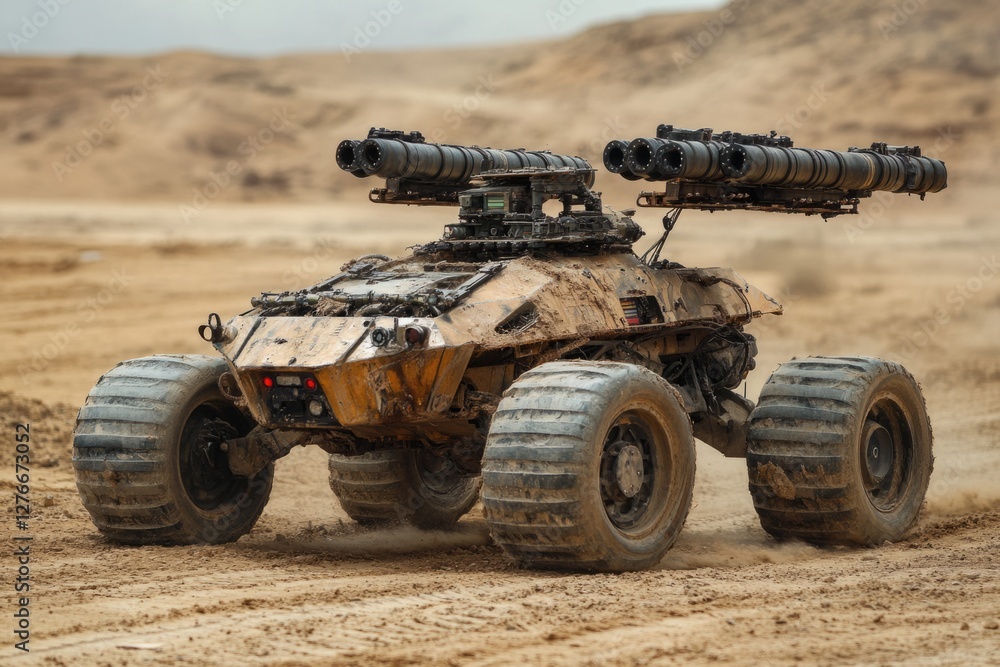 Obraz premium Military robot patrols sandy landscape, showcasing advanced autonomous technology