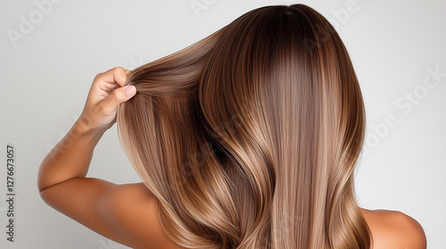 Obraz na płótnie A woman’s hand holding her silky, smooth, and healthy-looking brown hair with subtle highlights. w salonie