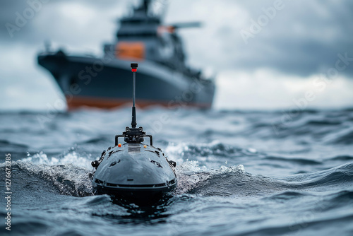 Autonomous underwater vehicle patrolling ocean with navy ship providing support in the background, ensuring maritime security photo