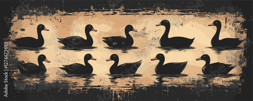 Vintage art of black ducks silhouettes on grunge background in water. Vector