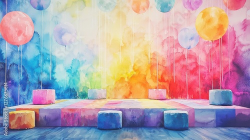 Colorful watercolor background with rainbow hues, floating balloons, and cube shaped platforms. Ideal for product display or vibrant design projects.