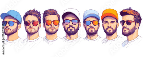 Diverse group of young men in colorful caps and sunglasses, illustrative style. Vector