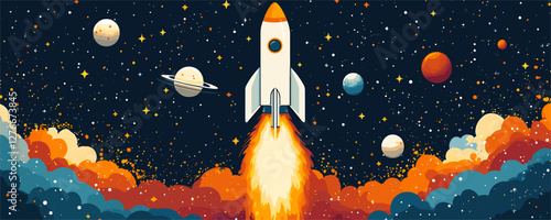 Retro rocket launching into space with planets and stars in the background. Vector