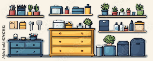 Cozy home organization: wooden dressers and shelves with plants and containers. Vector