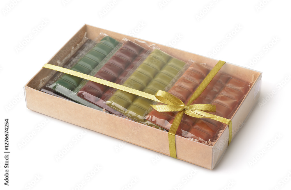 Multicolored chocolate bars set in paper gift box Multicolored chocolate bars set in paper gift box