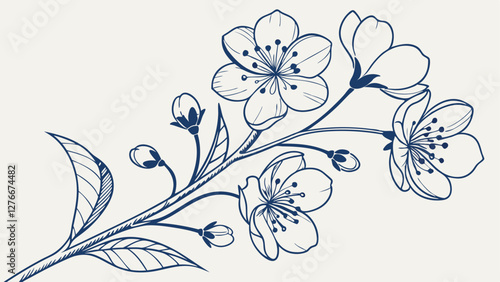 Botanical illustration, cherry blossom branch, blue ink drawing, delicate linework, floral sketch, Japanese art style, minimalist design, blooming flowers, buds and leaves, white background, 