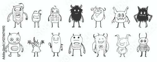 Cartoon monsters: playful black and white doodle creatures with unique features and expressions. Vector