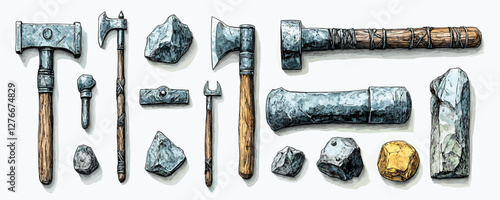 Collection of ancient stone tools and weapons displayed on white background. Vector