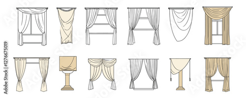 Variety of curtain designs: drapes, panels, and valances in classic styles. Vector