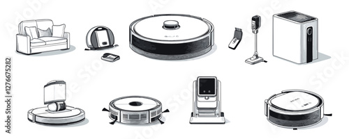 Variety of modern home cleaning appliances including vacuum robots and air purifier. Vector
