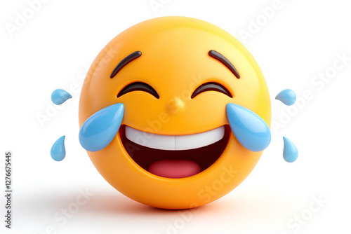 Hilarious 3D Render of a Laughing Emoji Character with Tears of Joy for April Fools' Day Celebration, Featuring Bright Yellow Color and Playful Expression with Overwhelming Joy