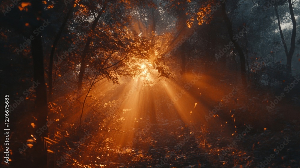 Fototapeta premium Sunbeams Illuminate Misty Autumn Forest Scene