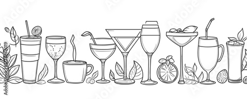 Elegant line drawing of various cocktails with fruits and leaves in black and white. Vector