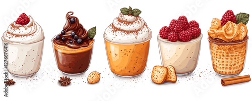 Assorted gourmet desserts: chocolate, vanilla, raspberry, cream, and biscuit toppings. Vector
