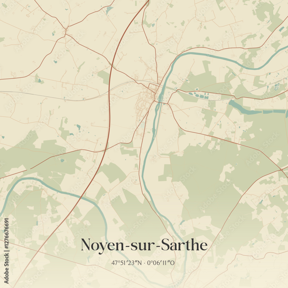 Fototapeta premium Vintage map of Noyen-sur-Sarthe, France.