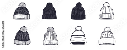 Collection of eight stylish winter beanies with pom-poms in black and white. Vector