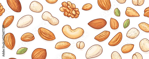 Assorted nuts and seeds on white background: almonds, walnuts, cashews, nutritious mix. Vector