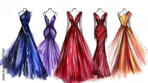 hand-drawn fashion sketch evening gowns