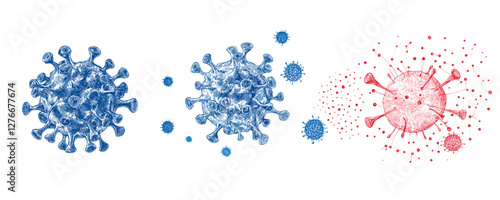 Three illustrated coronavirus variants in blue and red on white background. Vector