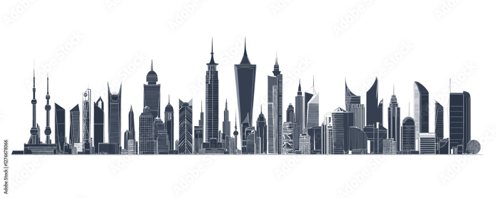 Fototapeta premium Panoramic view of modern city skyline with diverse skyscrapers and towers against clear sky. Vector
