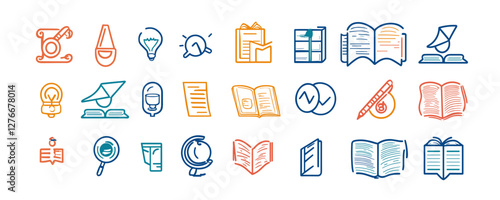 Colorful education and reading icons featuring books, lightbulbs, and more. Vector