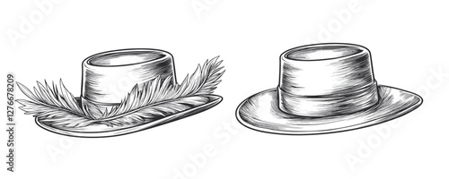 Traditional hats with feathers and simple brim in black and white sketch style. Vector