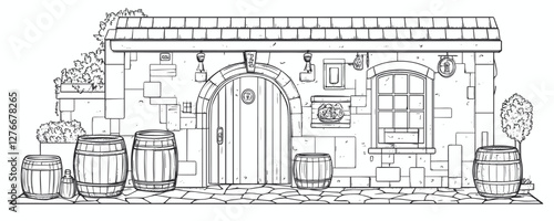 Rustic stone tavern with barrels and arched door in black and white drawing. Vector