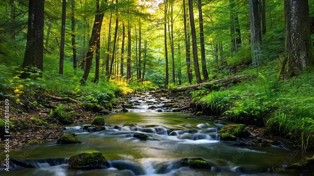 Whispering Waters, A Serene Forest Stream with Lush Greenery Whispering Waters, A Serene Forest Stream with Lush Greenery
