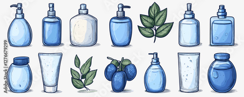 Collection of blue cosmetic bottles and natural elements for skincare products. Vector