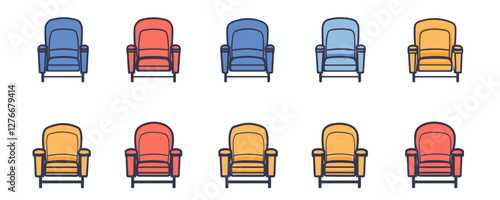 Colorful armchairs in yellow, red, and blue arranged in rows against white background. Vector