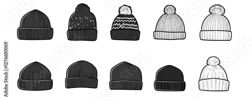 Set of ten vector beanie hat designs: various knitted patterns and plain styles in black and white. Vector