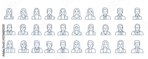 Outline portraits of diverse professional men and women in formal attire. Vector