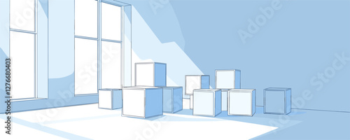 Minimalist room with sunlit geometric shapes and large window in monochrome blue. Vector