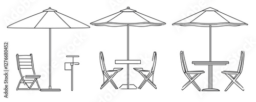 Line art of outdoor patio furniture with umbrellas and chairs in various configurations. Vector