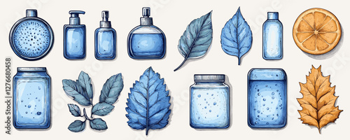 Assorted blue-themed cosmetic bottles and leaves with orange slice. Vector