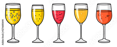 Five varieties of wine glasses with different drinks, including red, white, and sparkling. Vector