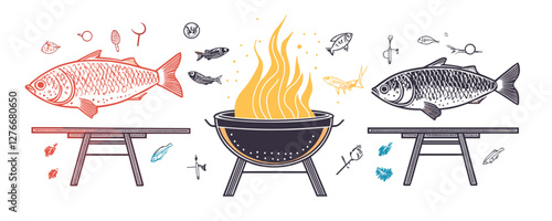 Grill with burn flame and floating fish illustrations in artistic cooking setup. Vector