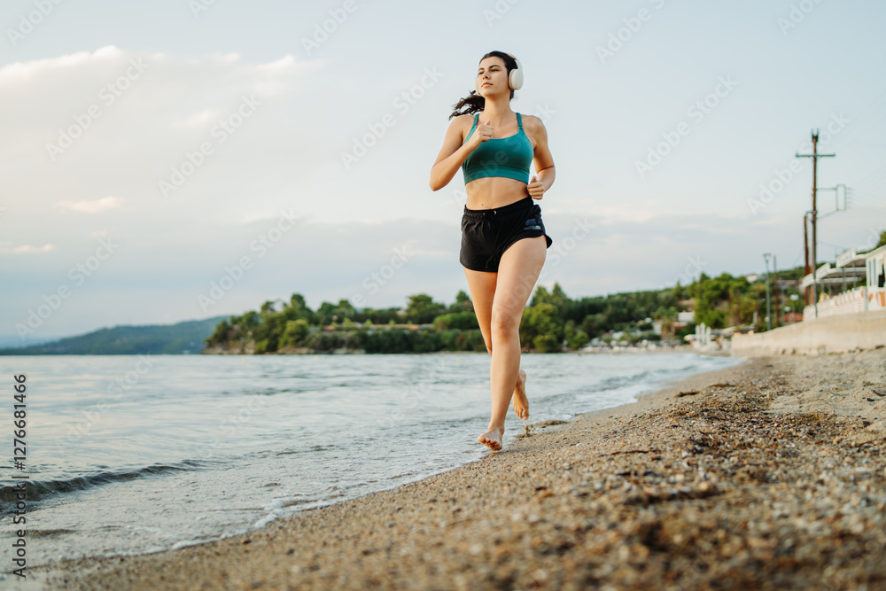 Young woman running or jogging on the beach at sunset	