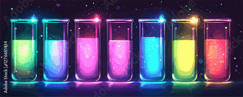 Glowing test tubes with vibrant neon liquids creating mesmerizing light effects in dark laboratory. Vector