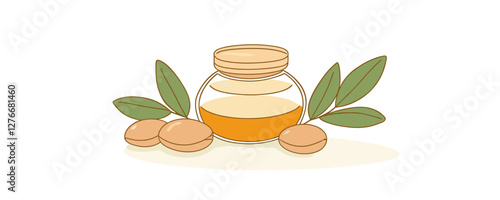 Argan oil in glass jar with leaves and nuts on white background. Vector