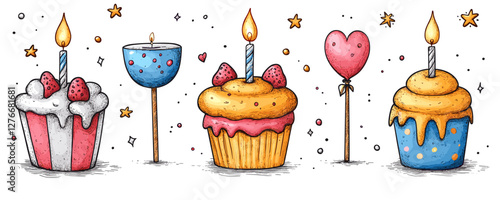 Colorful cupcakes with candle flames and festive decorations in a row. Vector
