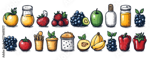 Variety of fresh fruits and juices with condiments and vegetables in colorful display. Vector
