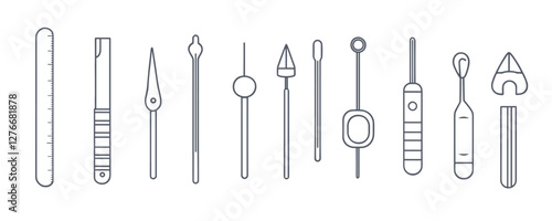 Line drawing of thirteen antique sewing tools in a row on white background. Vector