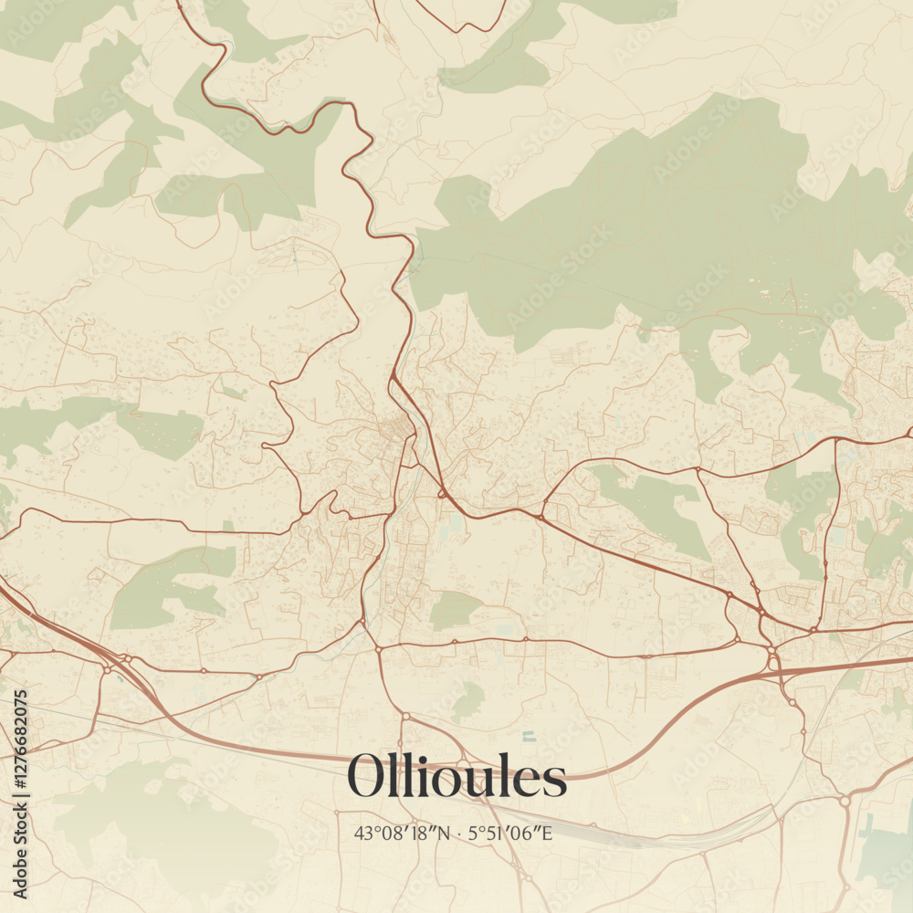Fototapeta premium Vintage map of Ollioules, France.