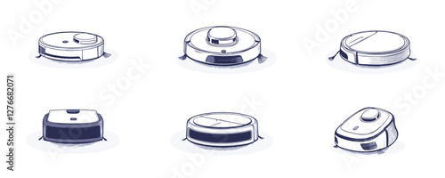 Various modern robot vacuum designs in white and blue on a clean background. Vector