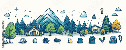 Illustrative mountain landscape with trees, houses, backpacks, and tents. Vector